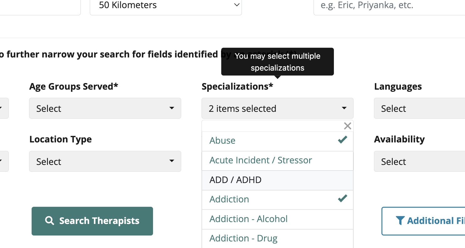 Choosing a Therapist Image – Selecting Multiple Items in a Filter This image shows an example of selecting multiple items for one search filter.