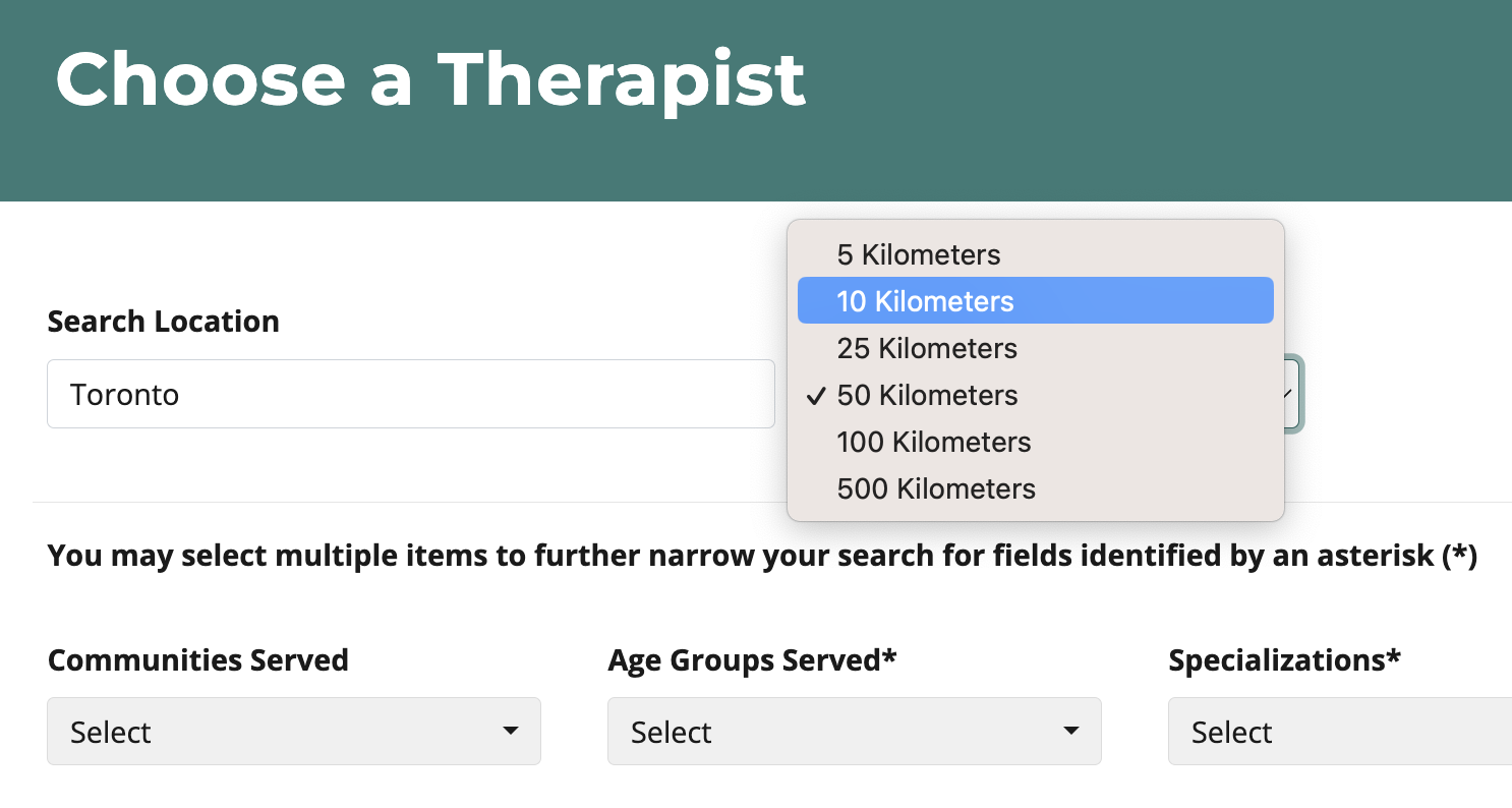 Choosing a Therapist Image – Using Search Fields This image shows the search fields for location and name.