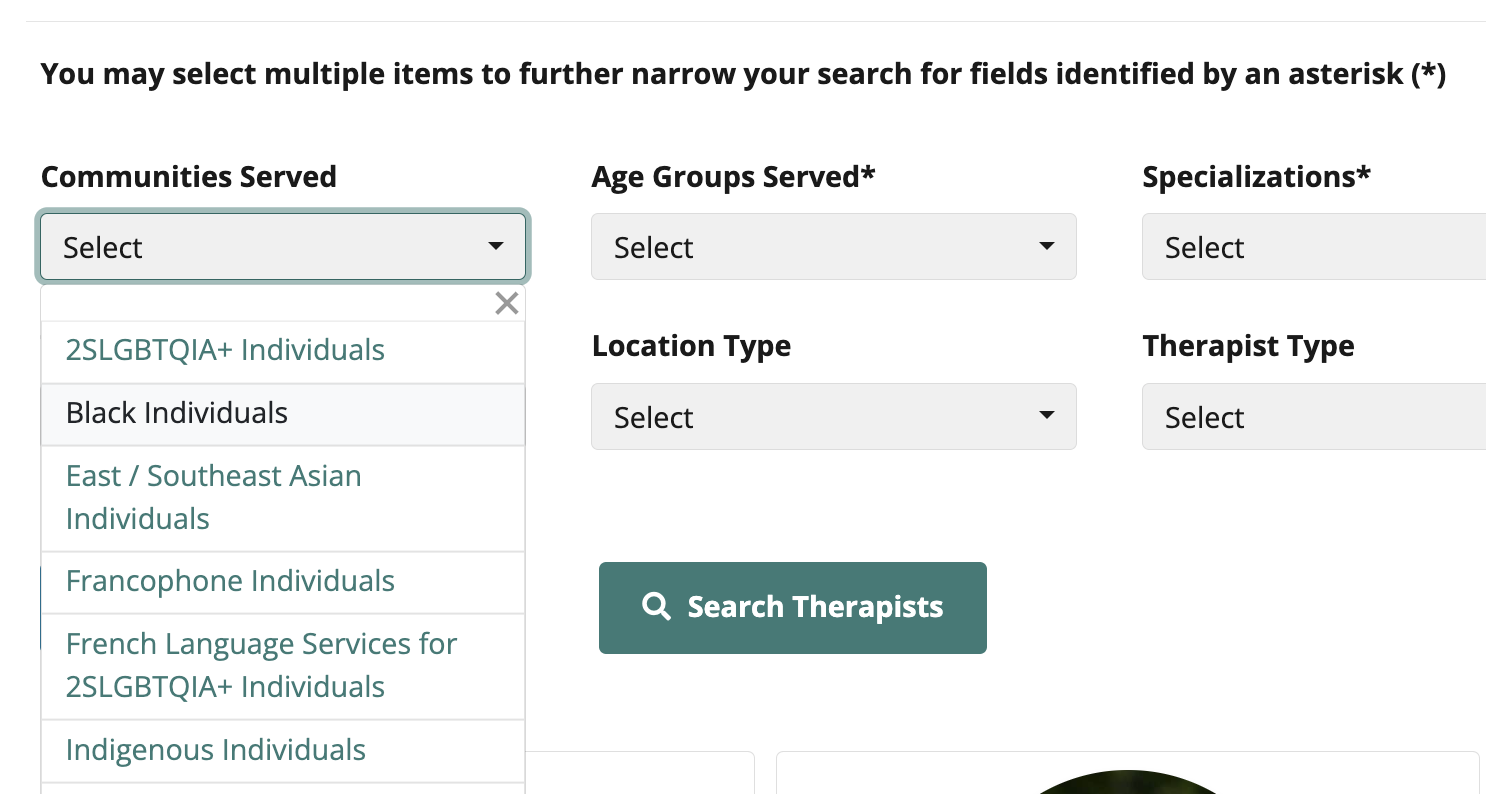 Choosing a Therapist Image – Using Search Filters This image shows some of the filters that users may use when searching for a therapist.