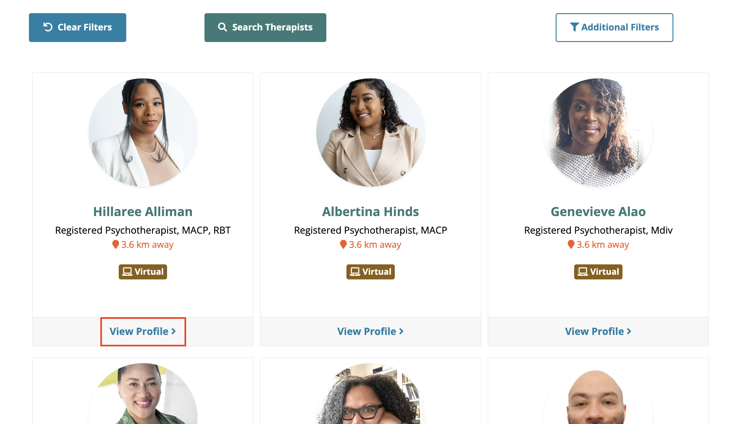Choosing a Therapist Image – Viewing Search Results Search results display therapists side by side, filtered based on selected criteria.