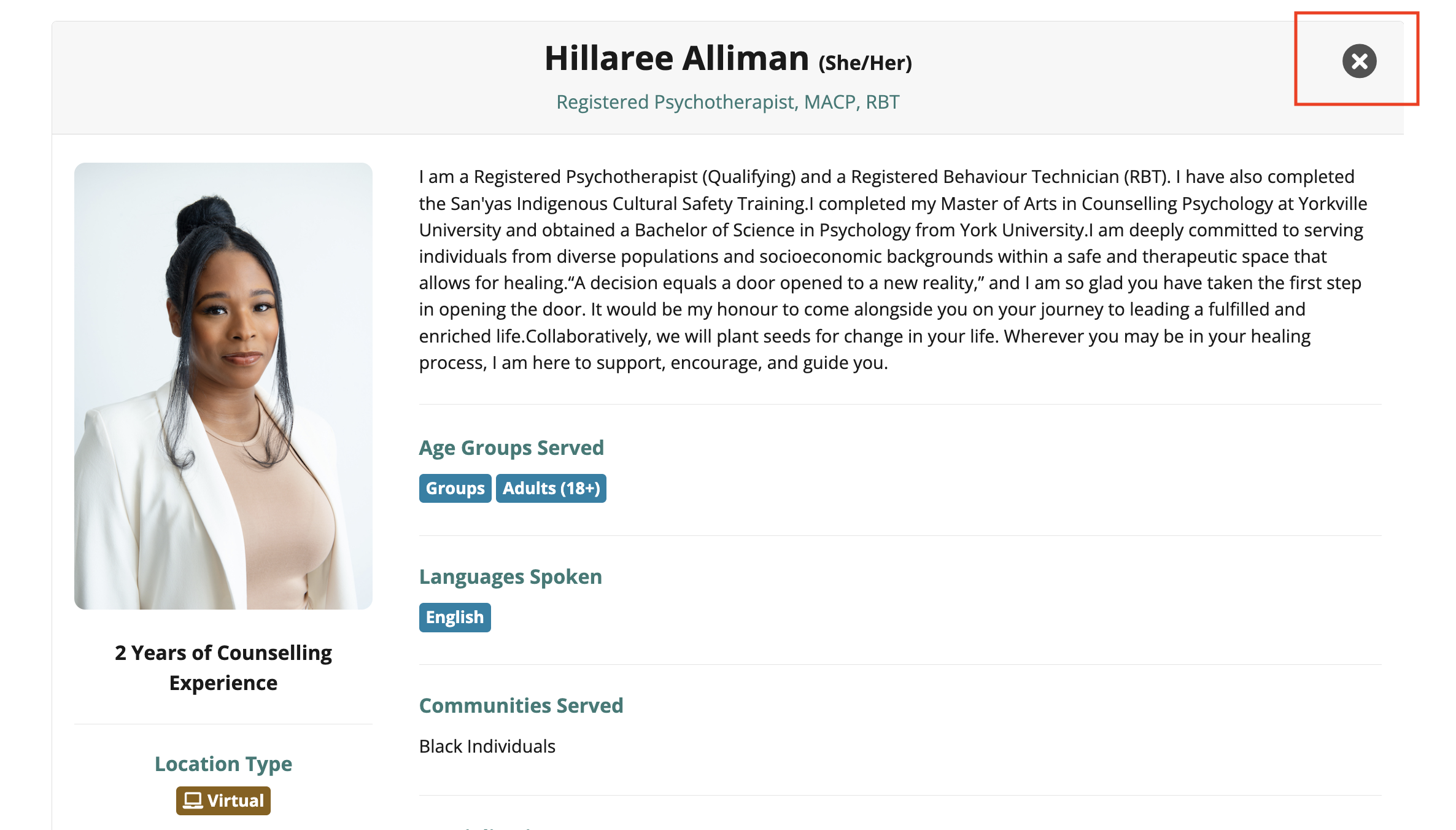 Choosing a Therapist Image – Viewing Therapist Profile Therapist profile screen showing where to click the 'X' to close it in the top right.