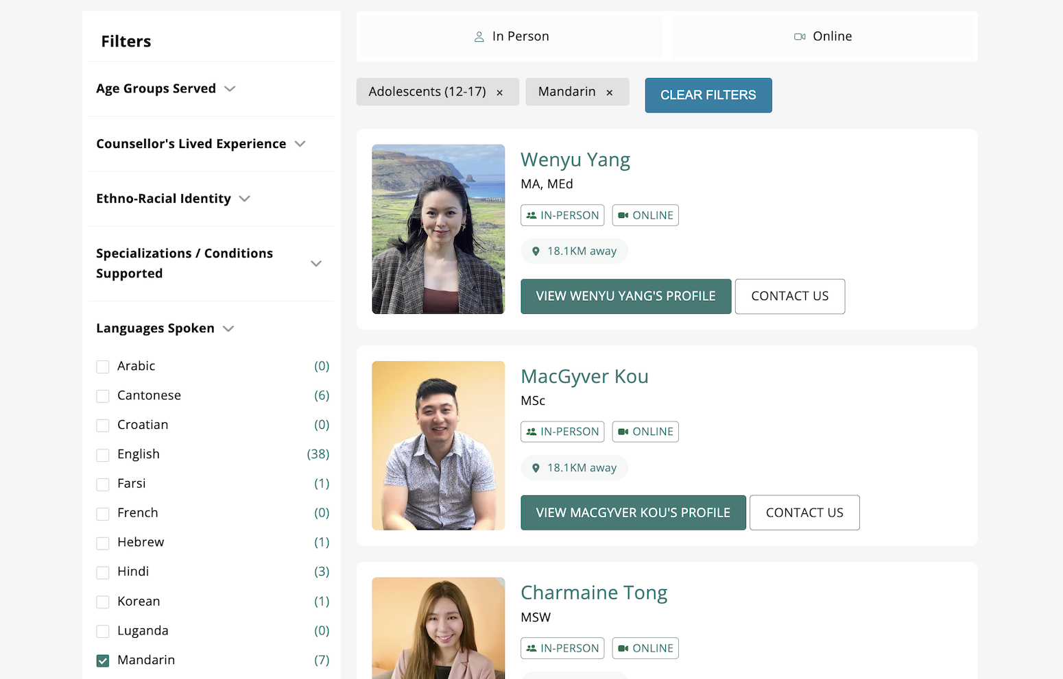 This image shows some of the filters that users may use when searching for a therapist.