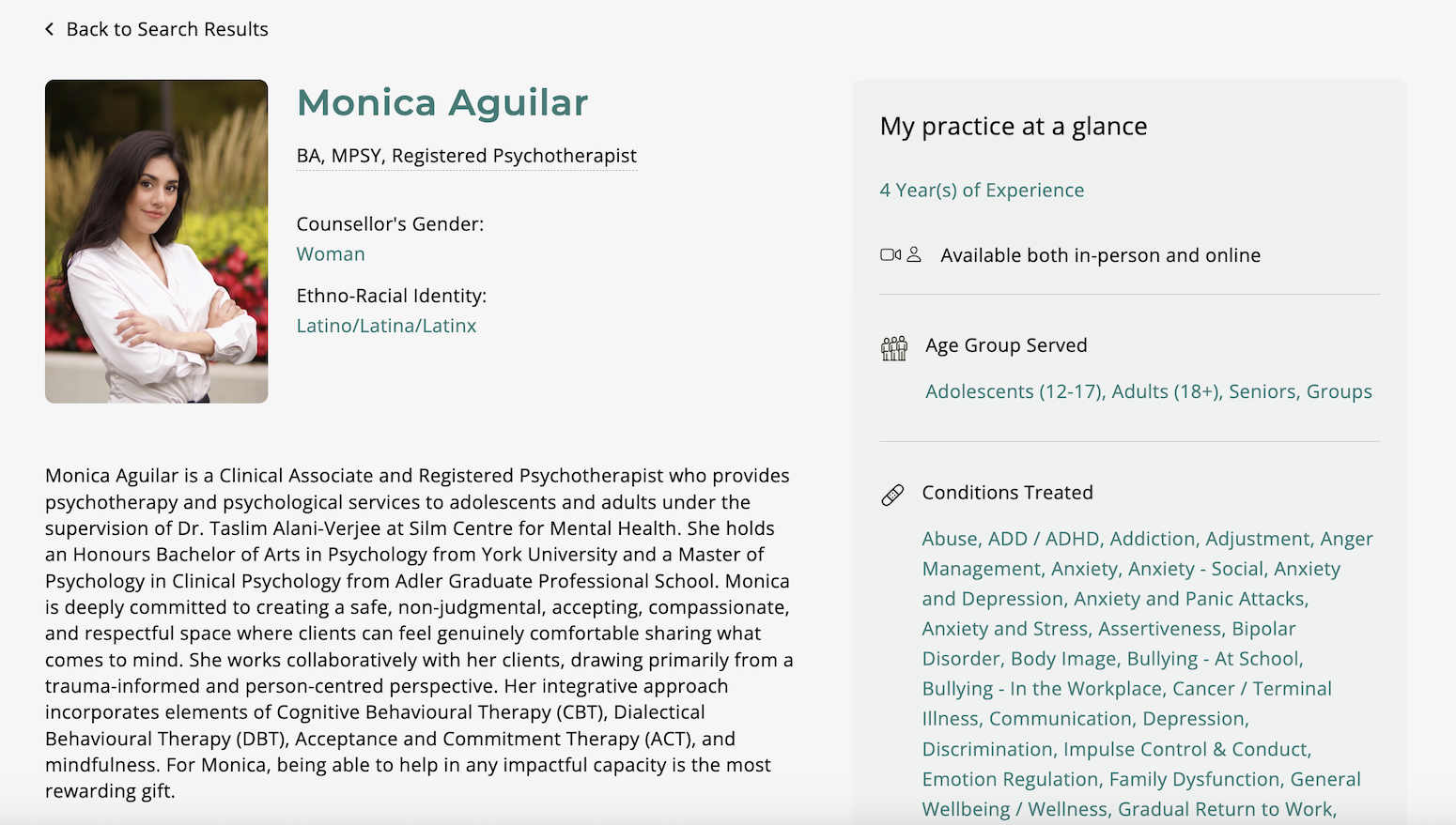 This image shows a counsellor profile, with the back to search results button at the top left corner.