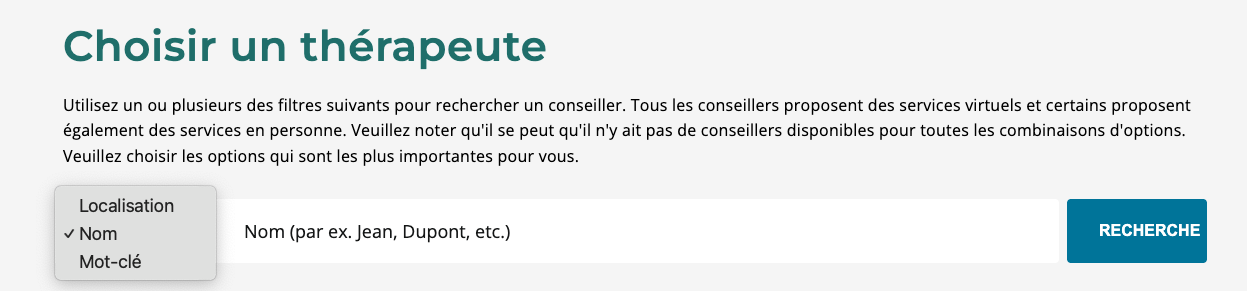 Liste déroulante des lieux et des noms This image shows the Name, Location, and Keyword dropdown button