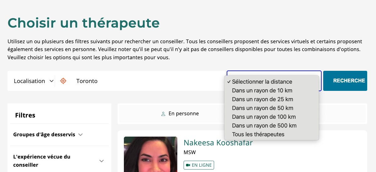 Choisir une image de thérapeute - Recherche de nom et de lieu This image shows the search fields for location and name.