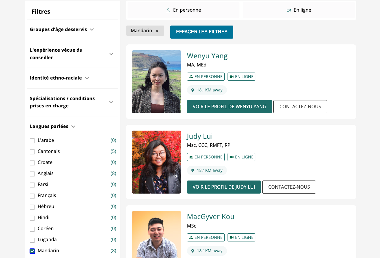 Choix d'une image de thérapeute - Utilisation de filtres This image shows some of the filters that users may use when searching for a therapist.