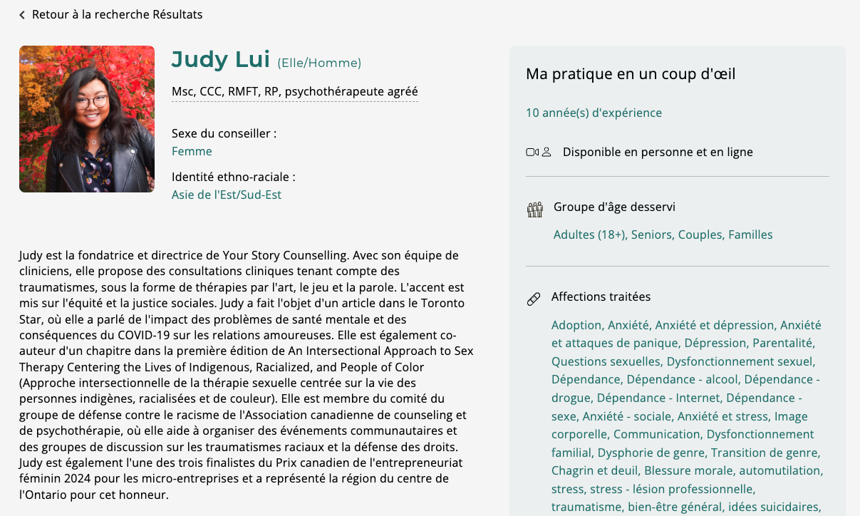 Choisir une image de thérapeute - Afficher le profil du thérapeute 2025 This image shows a counsellor profile, with the back to search results button at the top left corner.